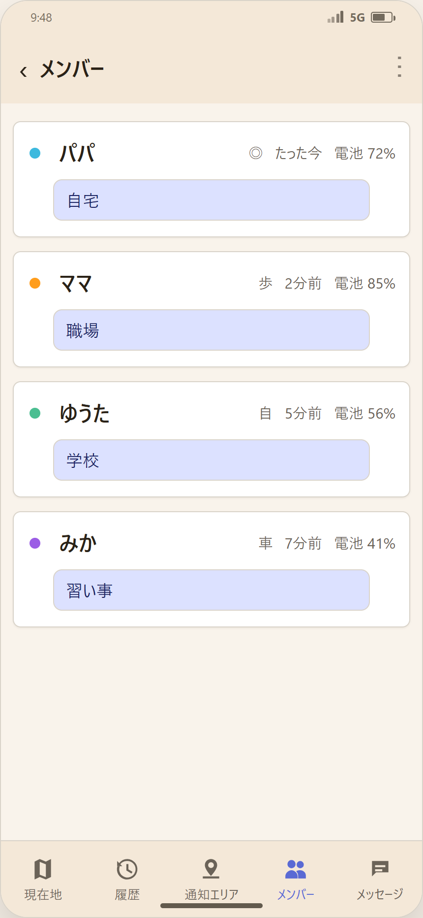 Kiniaのメンバー一覧画面